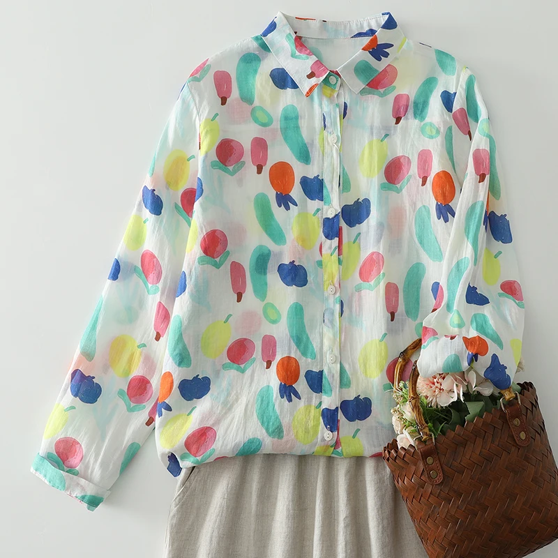 Hand-Painted Floral Casual Shirt Women's Long Sleeve Turn-down Collar Breathable Cotton Polyester Blend Autumn New Style