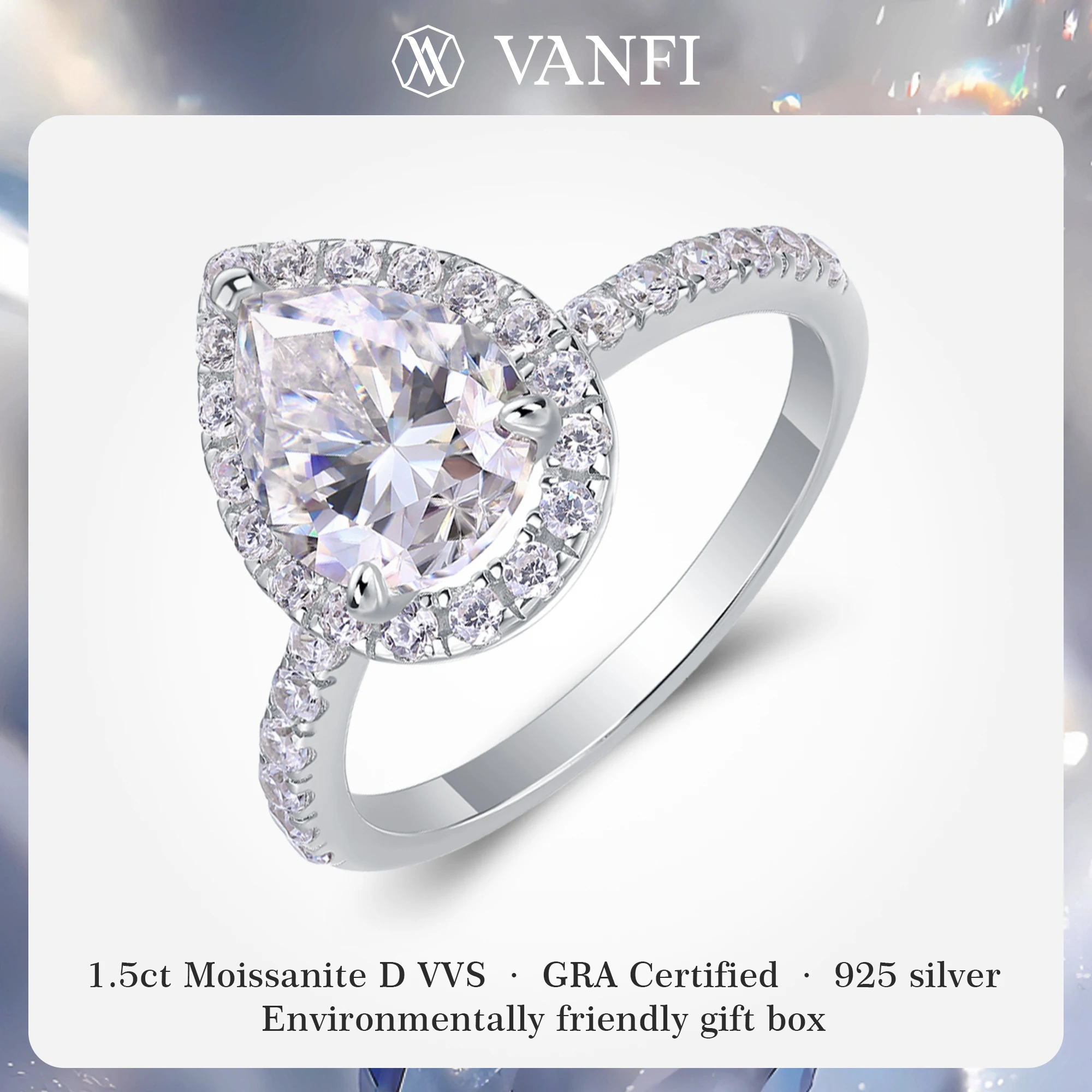 

kfvanfi 1.5ct moissanite women's ring lab diamond S925 sterling silver plated platinum banquet engagement wedding Fine jewelry