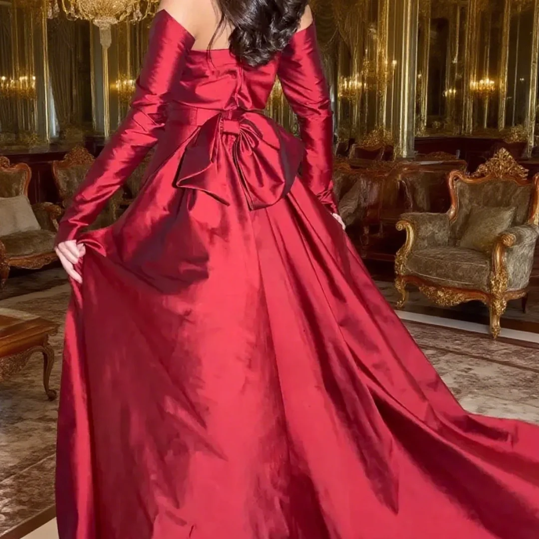 Elegant Off-the-Shoulder Strapless Red Satin Sparkly Prom Gown Long-Sleeve Formal Party Dress with Back Bow Floor-Length Hem