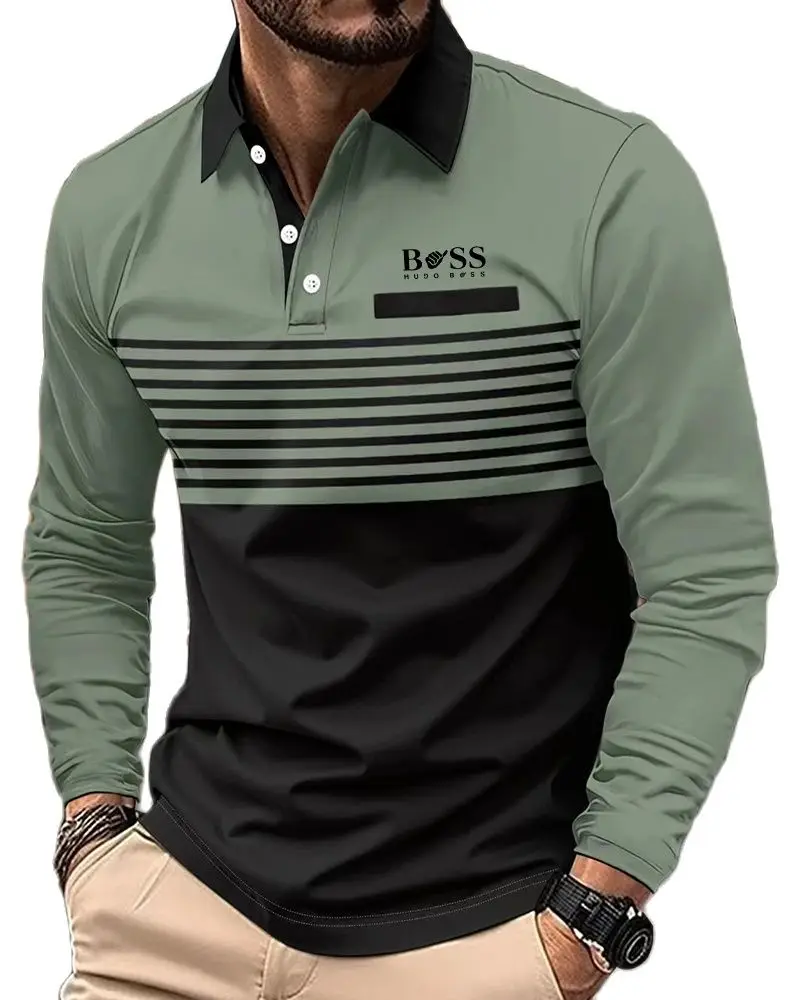 

Striped men's casual color blocking polo with long sleeved sleeves lapel shirt chest fake pocket suitable for summer golf top