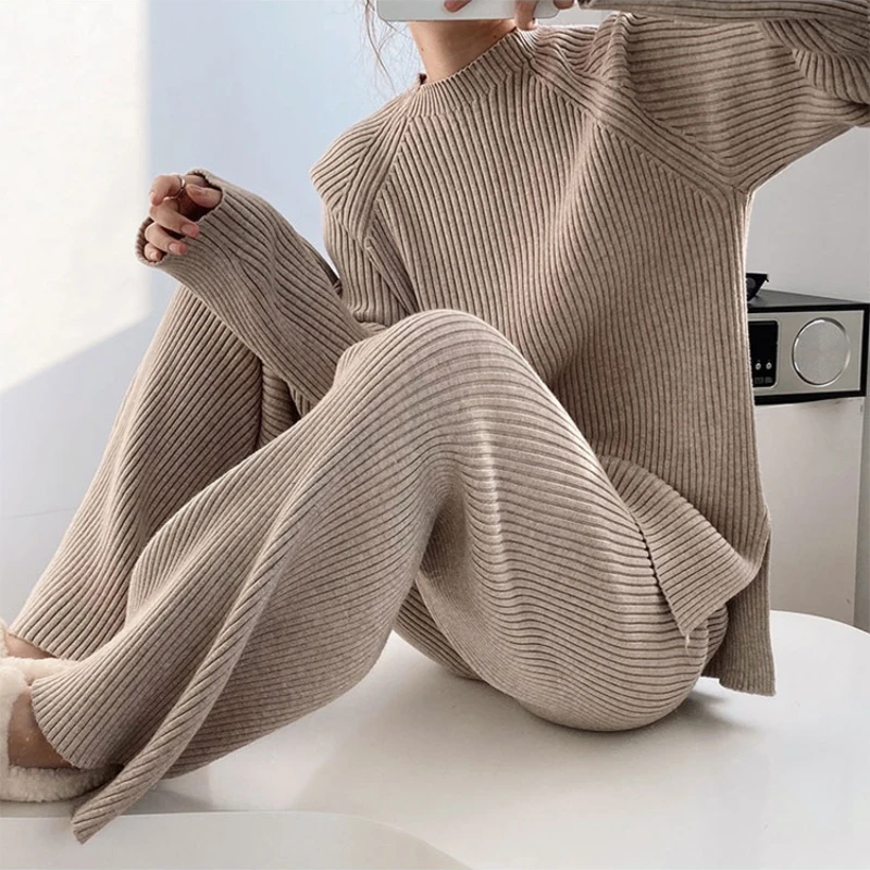 Version Of Fashion Casual Retro Winter Clothing New Warm Open Sweater Set Knit Wide Leg Pants Lazy Two-Piece Women's Suit Z290