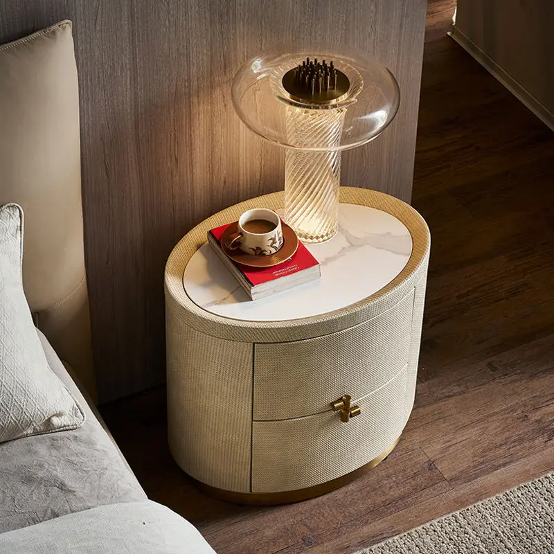 Deluxe round bedside tables, leather wood bedside tables, large bedroom furniture, bedside tables with two drawers