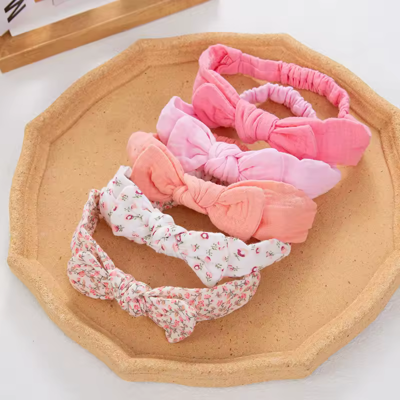5Pcs/Set Solid Muslin Cotton Linen Baby Headband Elastic Rabbit Ear Hair Band Infant Girl Turban Headwraps Stretch Accessories - Image 3