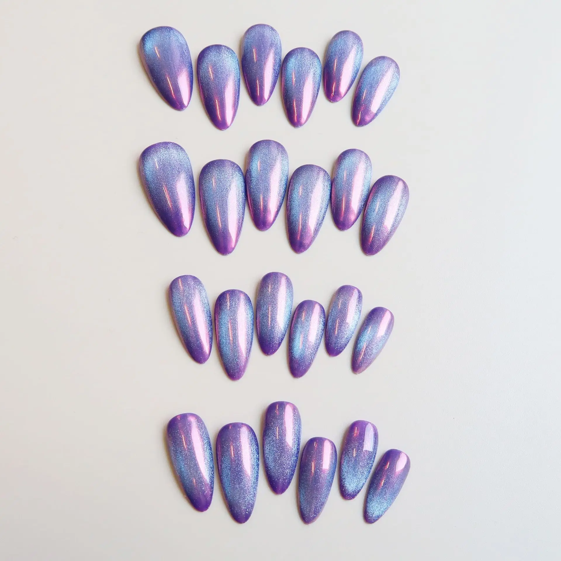 24pcs Y2K Cat Eyes Phototherapy Fake Nails Long Almond Shape Head Blue Purple Aurora False Nails Set Press On Glitter Nail Tips