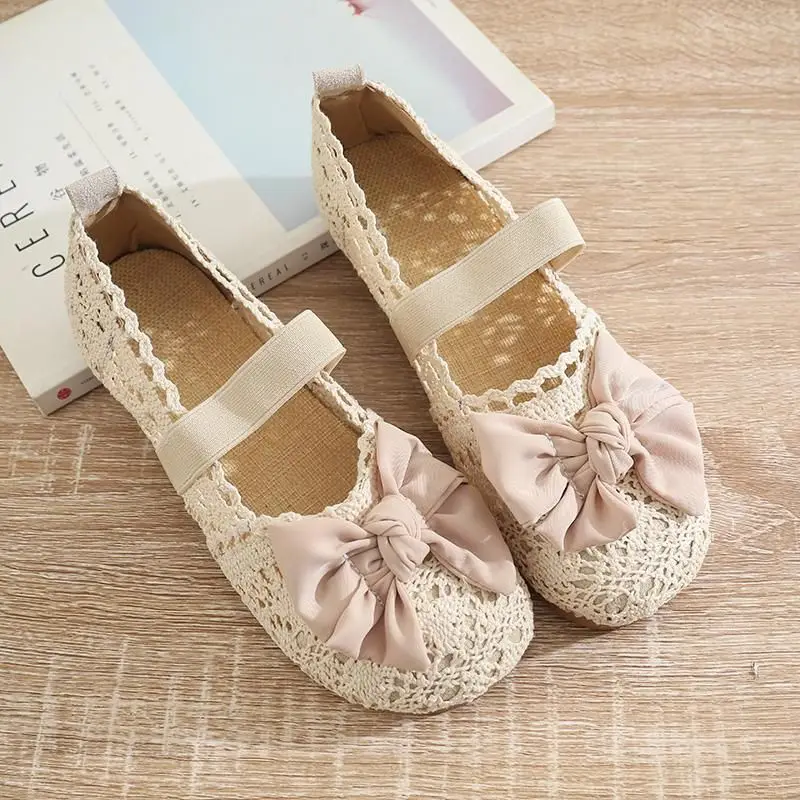 2024 New Spring Summer Flat Shoes Woman Knitted Lace Fisherman's Shoes Sweet Girls Lace Hollow Breathable Casual Shoes Loafers