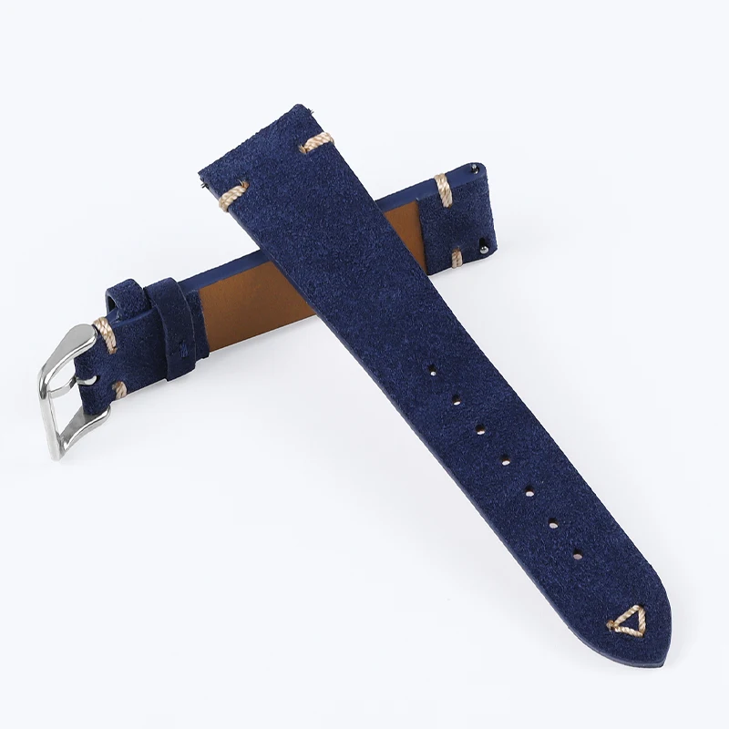 20mm 22mm High Quality Suede Leather Vintage Watch Straps Blue Grey Brown Watchbands Handmade Stitching Strap Watch Accessories