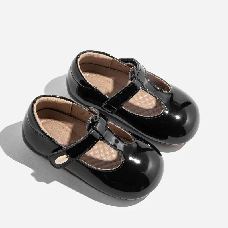 Baby Lederschuhe Schwarz Glänzend Kinder Flache Schuhe Runde Zehen Weiche Sohle 2026 Brandneue Baby Lauflernschuhe Rutschfest Prinzessinnen-Stil – Detail 3