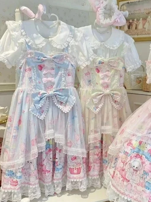 

Summer New Sweet Original Design Lolita Bow Lace Print High Waist Sleeveless Dress Cute Birthday Party Jsk Suspender Dresses