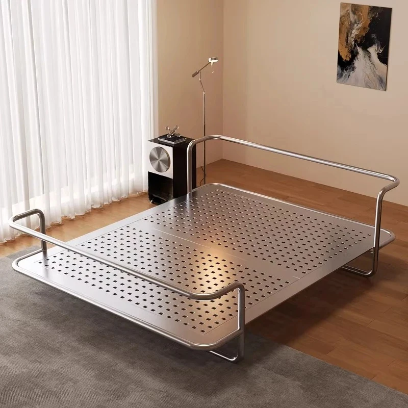 Italian stainless , minimalist, suspended double , modern metal industrial style, steel tube Bauhaus iron frame bed