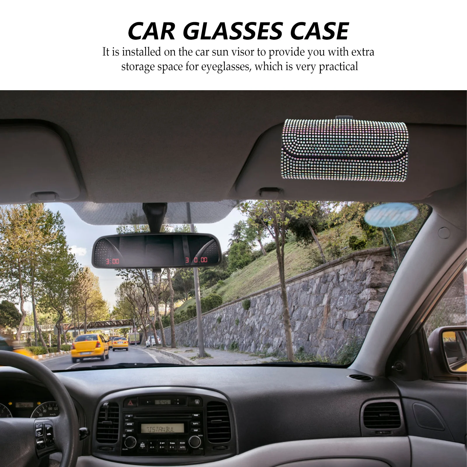 

1pc Car Eyeglasses Holder Sunglasses Frame Multi Functional Clip On Visor Rhinestone Design Durable Storage Vehicle Glasses