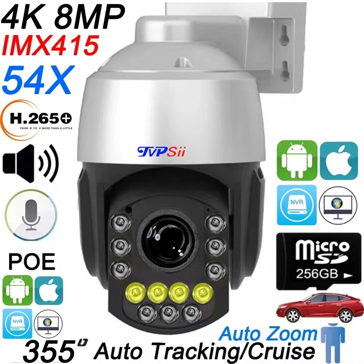 infravermelha rastreamento automatico 8mp 4k 54x 36x zoom optico rotacao audio onvif poe ptz ip vigilancia velocidade doom camera cor 01