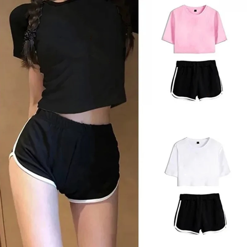 

Summer Y2k Female Sports Crop Top Suits Short Sleeve Base Yoga Outfit Pullovers Sexy Cotton Tracksuit Solid Summer 2 Piece Sets