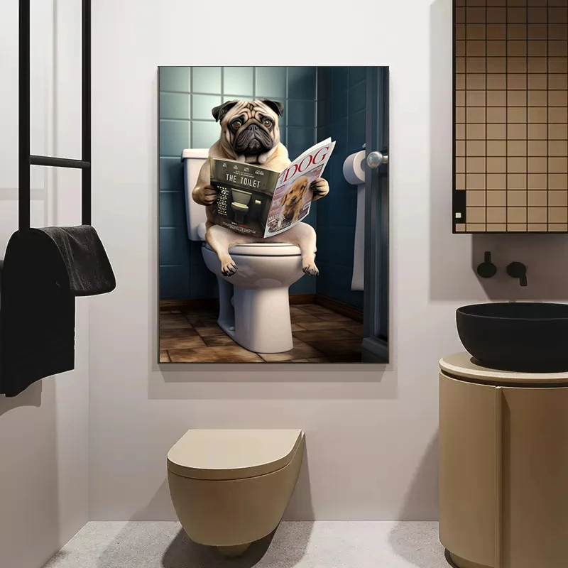 Dog Monkey Highland Cow Sitting on The Toilet Reading Newspaper Poster Animal Print Canvas Painting Funny Bathroom Wall Decor