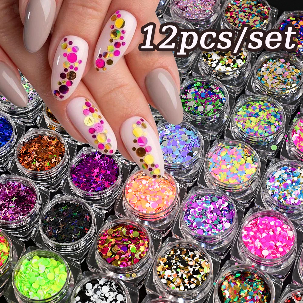 12Pcs Aurora Foil Nail Art Sequins Round/Starlight Shaped Neon Color Nail Art Foils Thin Flakes Nail Charm Glitter Accessories