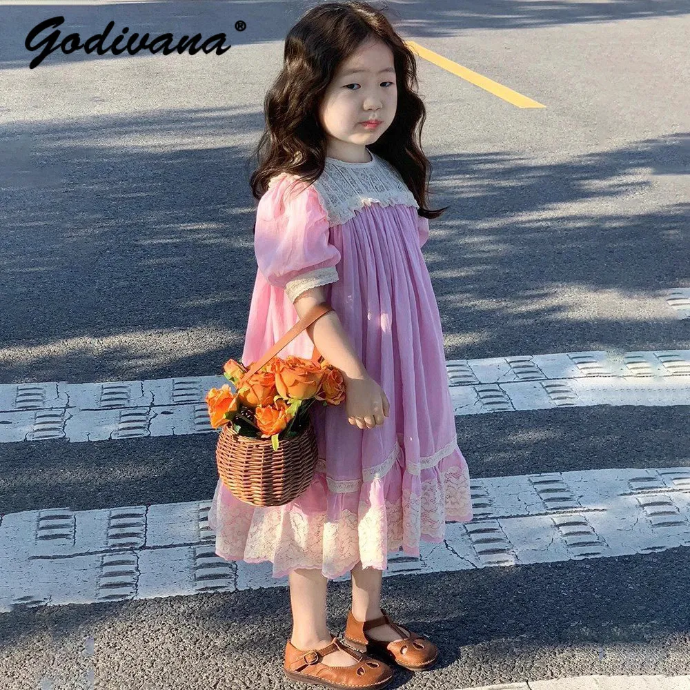 French Baby Girls 2026 Summer New Pink Lace Trimmed Flared Dress Kids Sweet Bubble Sleeve Cotton Loose Oversize Casual Dress