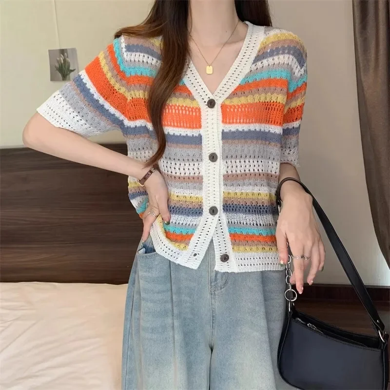 

Spring Women High-end V-neck Striped Sweater Top French Ladies Casual Knitted Cardigan Summer Female Hollow Out Knitting Sweater