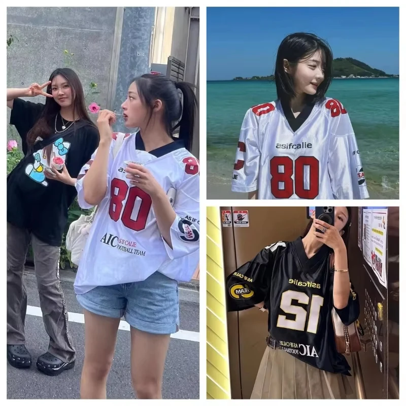 

2025 Asifcalie Retro Hip-Hop Jersey American Street Loose Oversize Women's Mesh Sports Football Basketball Short Sleeved T-Shirt