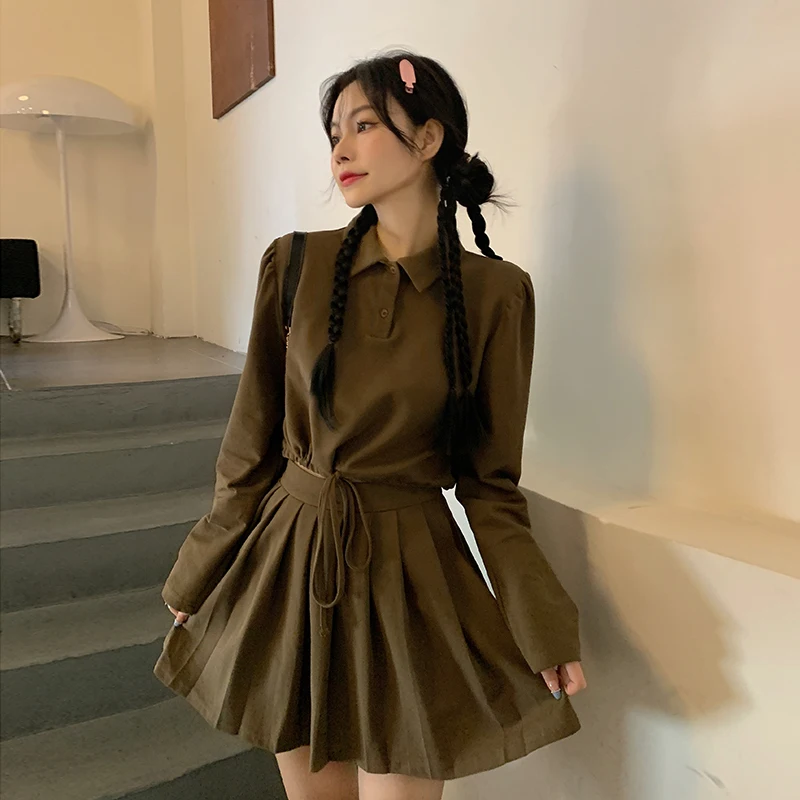 

Skirt Sets Women 2023 Spring New POLO Collar Long Sleeve Drawstring Lace-up Top + Solid Color Pleated Short Skirt Two-piece Suit