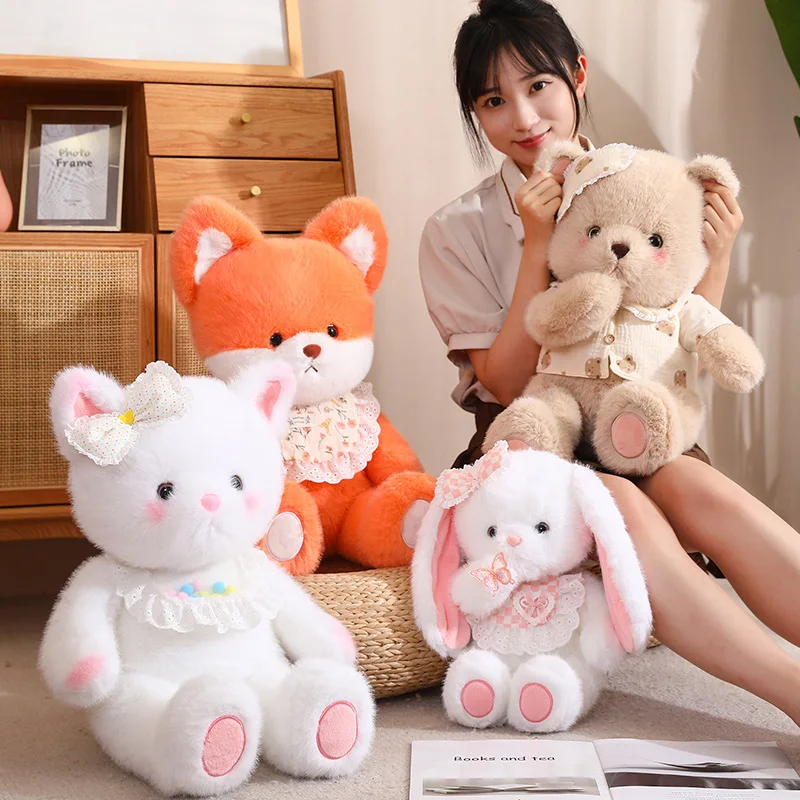 Fluffy Plush White Teddy Brown Bear White Baby Bunny Fox With Bib Dress Cute Yummy Stuffed Animals Cuddly Hug toys