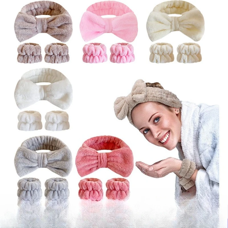 

5pcs Solid Color Bow Hair Band Plush Face Wash Wrist Strap Three-piece Set Absorbent Wristband Cuff Moisture-proof Hair Band