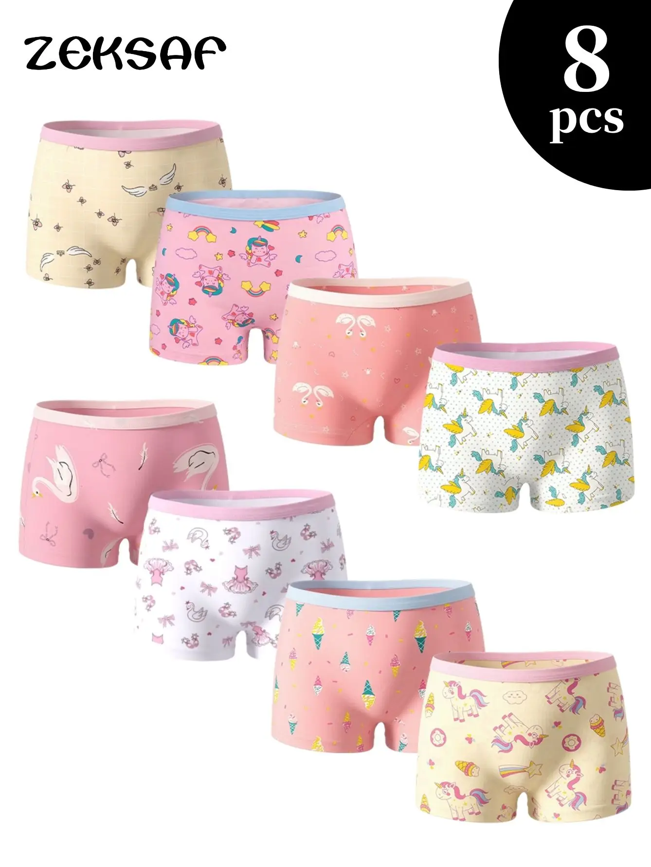 ZEKSAF 8 Pack Girls Boxer Underwear with Cute Print Soft and Comfortable Toddler Underpanties
