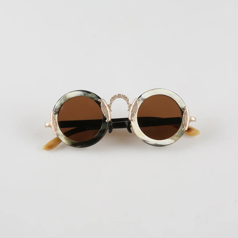 Women Sunglasses Copper Metal Brand Designer Retro Vintage Polarized Handmade Natural Horn Luxury Fashion Sunglass Round Glasses