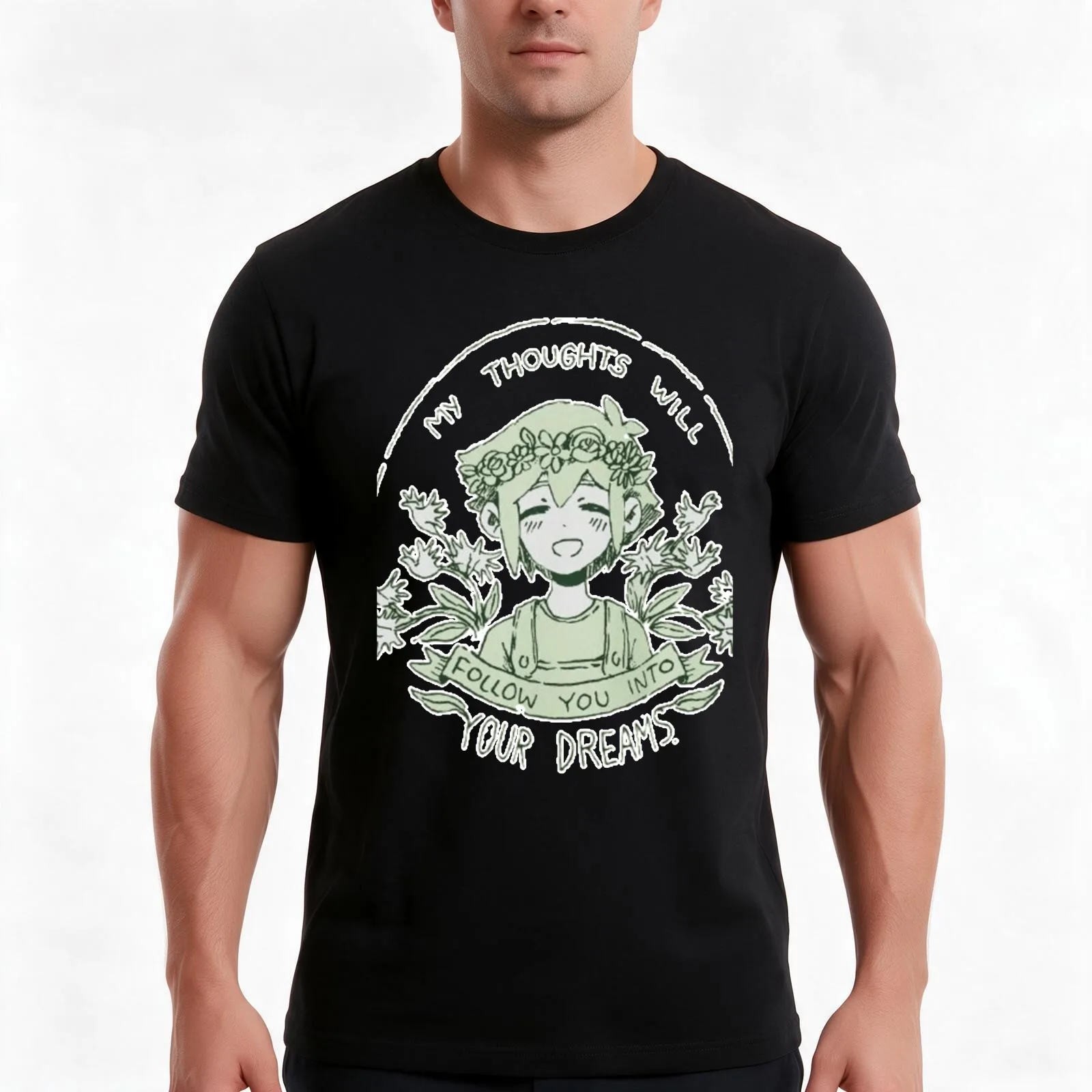 omori my thoughts will follow you into your dreams basil T-Shirt, Summer Casual Cotton Tee, Oversized Streetwear Tops
