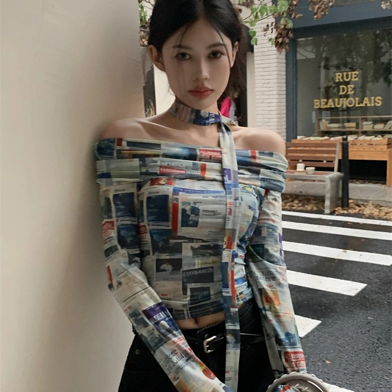 Retro Printed T-shirts Women Slash Neck Office Lady Long-sleeved Tops 2024 Spring and Summer Slim Thin Daily Basic Blouse Female