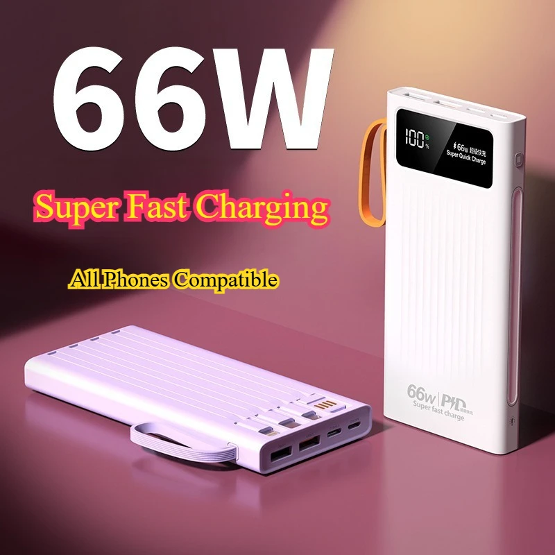 66W Super Fast Charging 20000mAh Power Bank Built-in Cable Portable Mini Large Capacity Mobile Power Bank All Phones Compatible