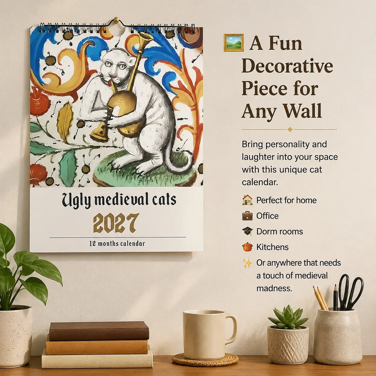 Ugly Medieval Cats Calendar 2027 Funny Calendar 2027 Weird Historical Cats Monthly Planner for Wall Art Gag Gift for Cat Lovers