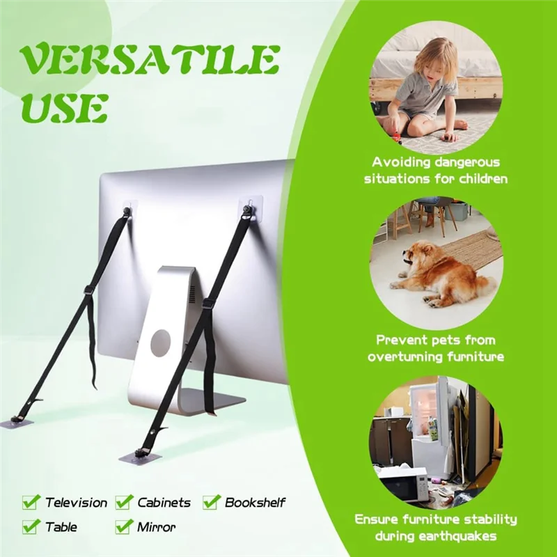 A39M No-Drill Adhesive 2 Pack TV Safety Straps, Baby Proofing Adjustable Anti-Tip Anchors For Furniture