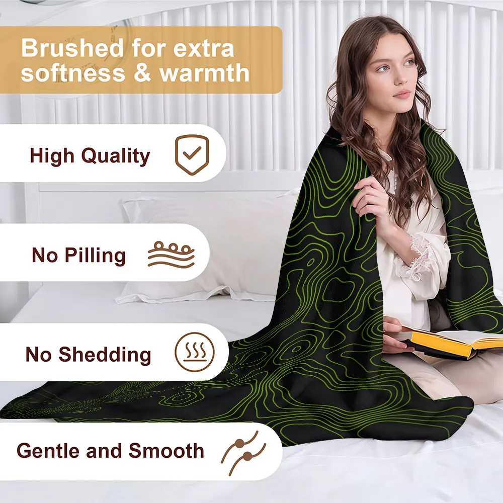 Green Contour Topography Soft Warm Flannel Blanket Lightweight Cozy Christmas Halloween Home Decor Room