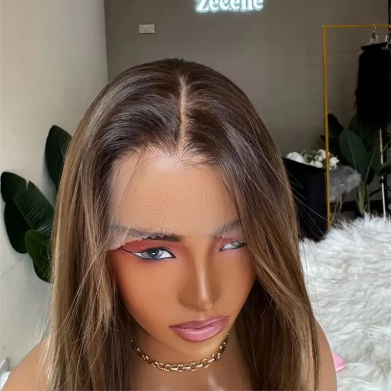 

Layered Brunette Soft Brown Blonde Lowlights Lace Front Wig Soft Natural Synthetic Lace Front Wig Factory Wholesale Price 26Inch