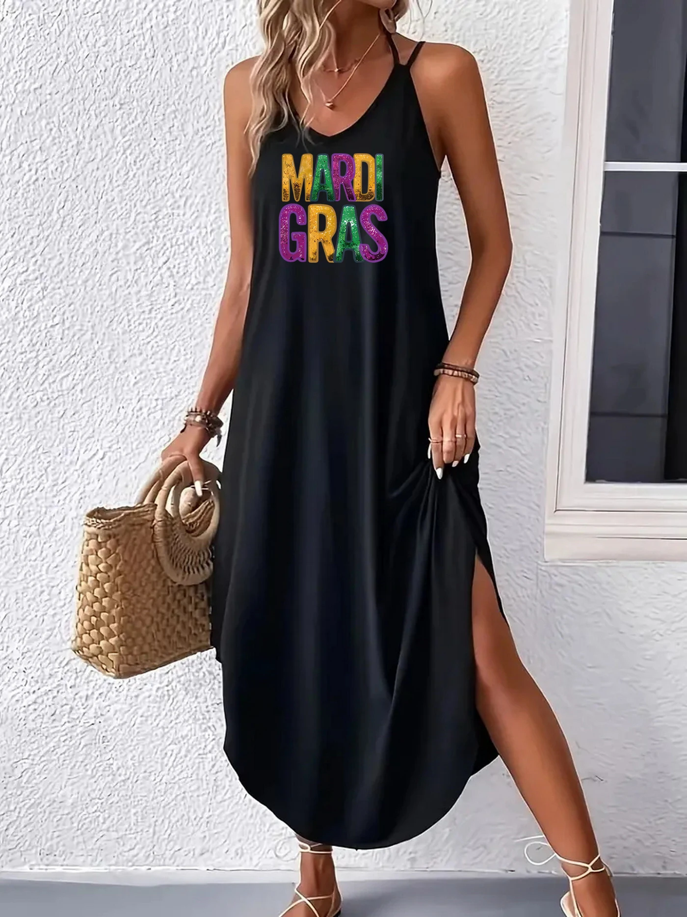 

letter Print Curvy Hem Cami Dress Sexy Sleeveless Spaghetti Strap Loose Maxi Dress Women's Clothing