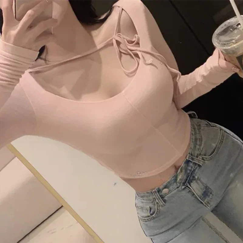 Korean Style Solid Slim Tie Detail Long Sleeve Base Women T‑Shirt 2026 Summer Figure‑Hugging Versatile Tee Sexy Crop Top