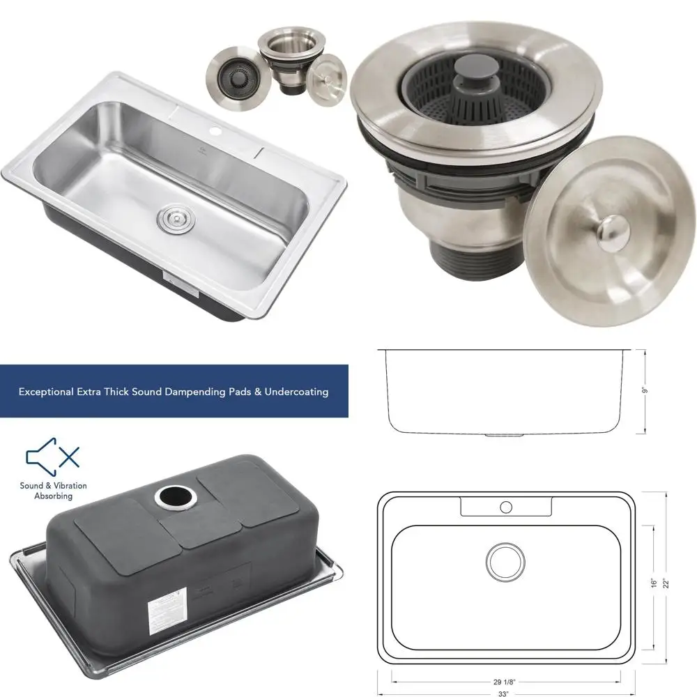 

Top-Mount/Drop-In 33x22x9 Inch Single Bowl Stainless Steel Kitchen Sink with Strainer and 1 Faucet Hole