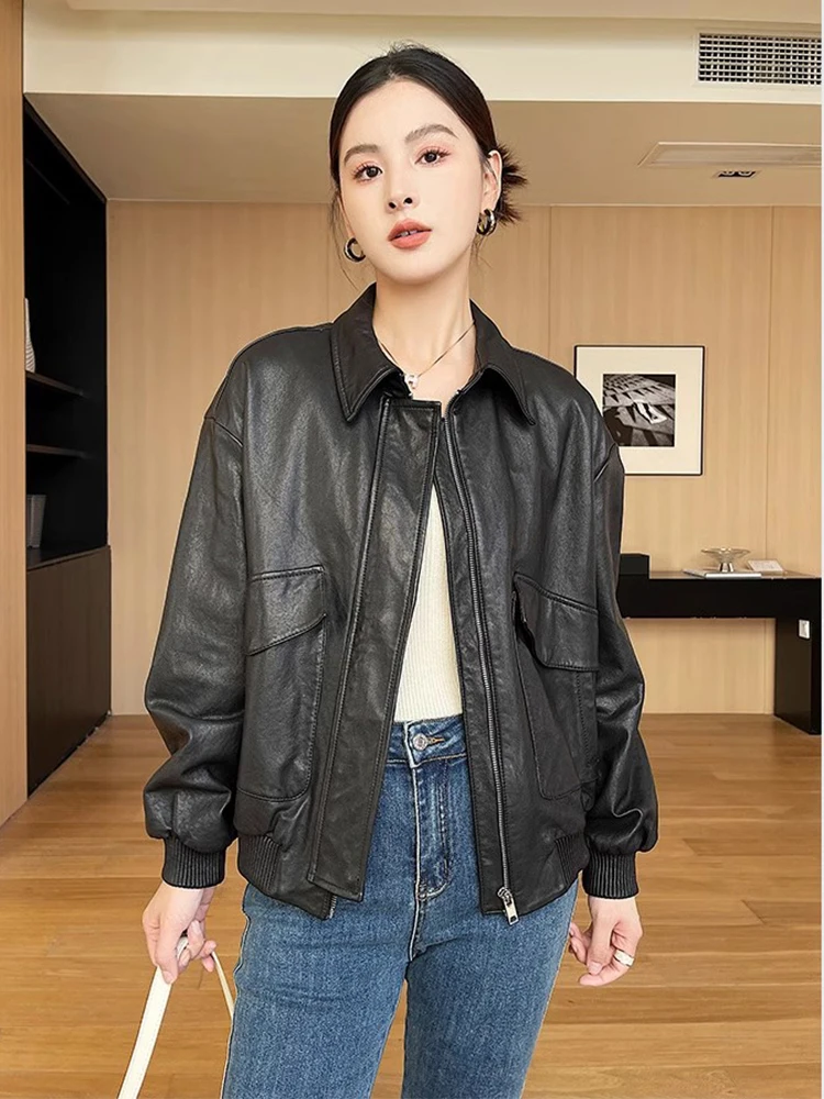 

Vintage Short Genuine Leather Motorcycle Jackets for Women Spring Autumn Simple Loose Black Real Sheepskin Coat lederjacke damen