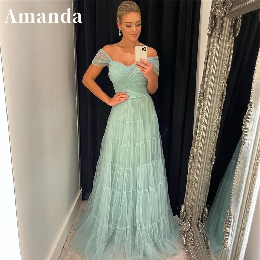 

Amanda Matcha Green Off Shoulder Prom Dress 2023 Elegant Multi-layer Vestidos De Noche Grace Tulle A-line فساتين مناسبة رسمية