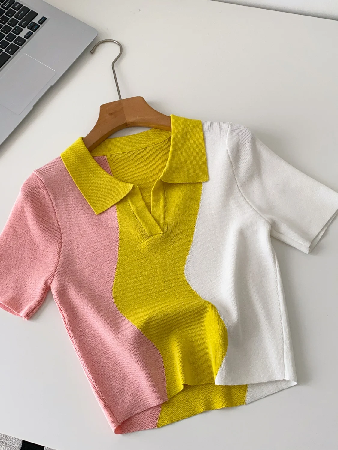 Top retrò chic ort Sve lavorato a maglia Ne per donna Color Blo Design Versatile ort Sle Primavera Estate Faion