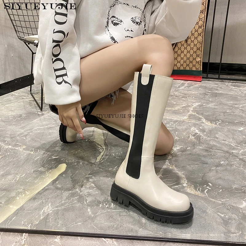 Platform Genuine Leather Women Knight Long Boots Fashion Warm Fur Shoes Autumn Winter Square Heels Ladies Knee High Booties