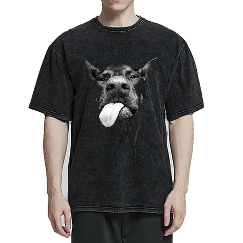 Men Washed Vintage Short Sleeve T Shirts Hip Hop Rottweiler Doberman Graphic T-Shirt Men's Cotton Oversized Tee Shirt Streetwear