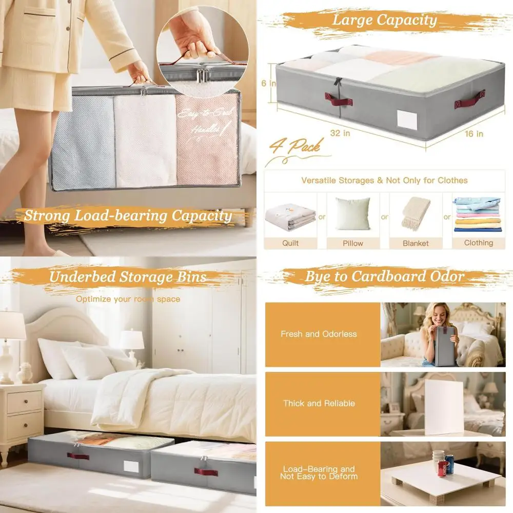 

Large 4-Piece Underbed Storage Bins with Clear PVC Lids, Heavy-Duty Handles, Reinforced 800G PP and 80G Non-Woven Fabric - Water