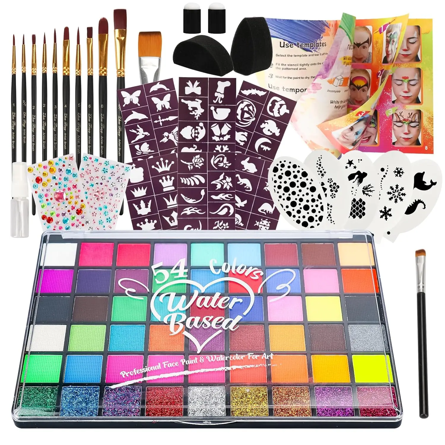 

54 Color Face Painting Kit for Kids - Non Toxic Water Activated Face Paint Palette with Stencils, Brushes, Gems & Book
