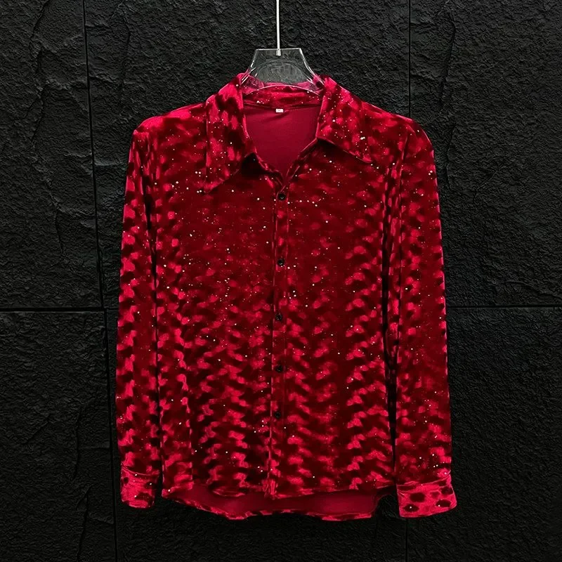 Men  Jacquard Sequin Long Sleeve Velvet Shirt Loose Fit Streetwear Stage Performance Party Club Wear, Lapel Button Down Shirt