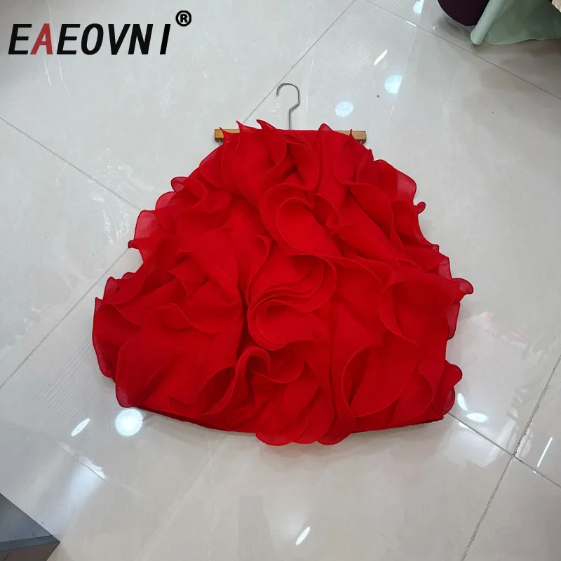 

EAEOVNI French Style Strapless Dress For Women Ruffles Patchwork Design Solid Color Luxury A Line Mini Dresses Elegant Clothing