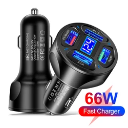 4 Ports 66W Car Charger Fast Charging QC3.0 USB Car Phone Charger Adapter in Car For Phone 15 Smart Cell Phone Quick Charger