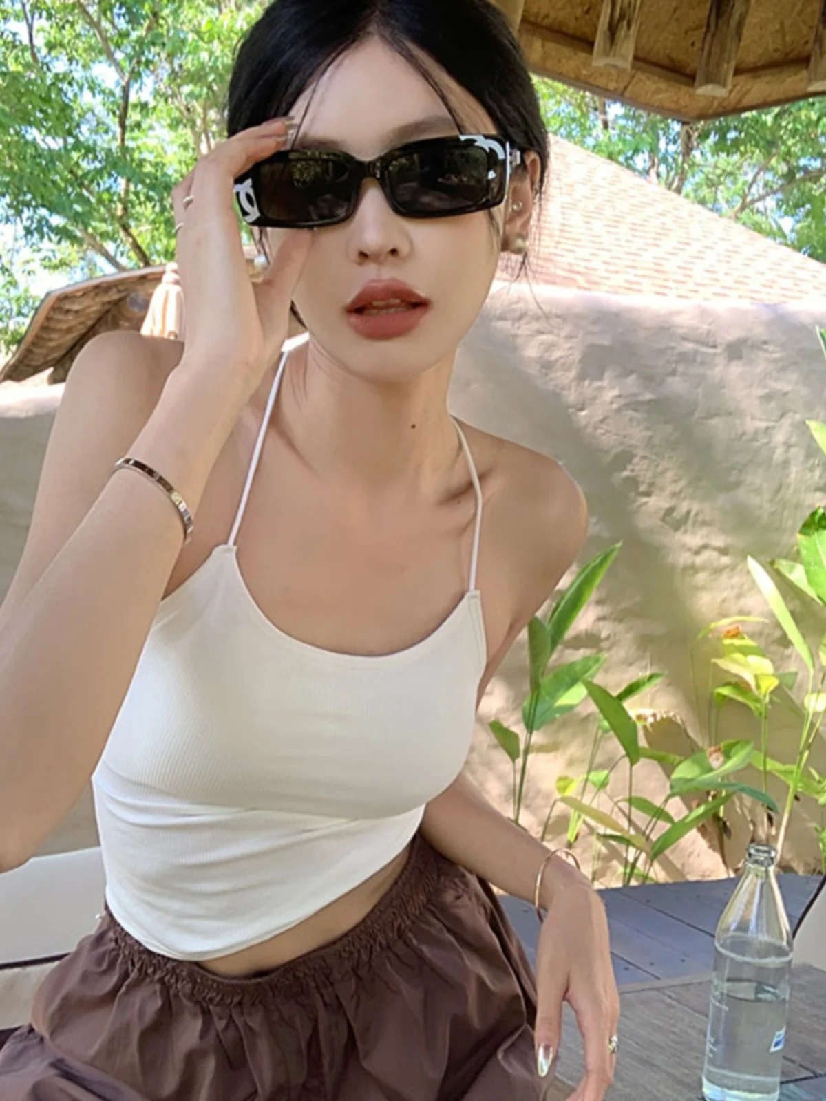 Women's Hollow out  Strap Vest Summer Outerwear Beautiful Back Bra Integrated Base Layer with Chest Pad Bared Back Top
