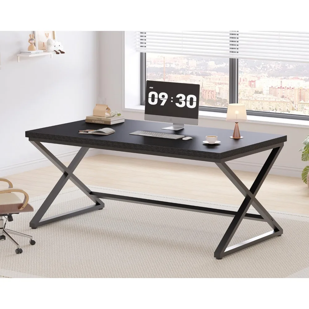 

Black Desk, Modern Computer Desk for Writing Study, Industrial Simple Home Office Work Desk in Bedroom, Wood Metal Pc Gaming La