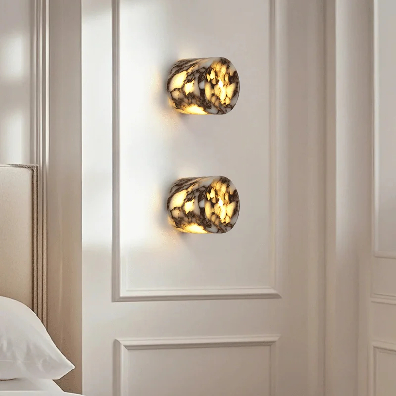 Cylindrical Marble Natural Stone Wall Lamp Bedroom Bedside LED Light Luxury High-end Living Room Hallway Staircase Sink Sconce