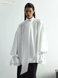 Clacive-Elegante com Renda Feminina Camisa de Pliado, Lapela, Manga Comprida, Top Solto Casual, Branco Sólido, Escritório, Moda Feminina, 2024